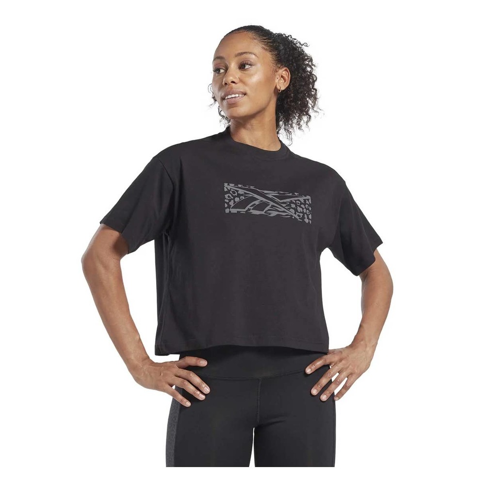 Reebok Women Training Essentials Graphic Short Sleeve T-Shirt Top Black Gray 1X